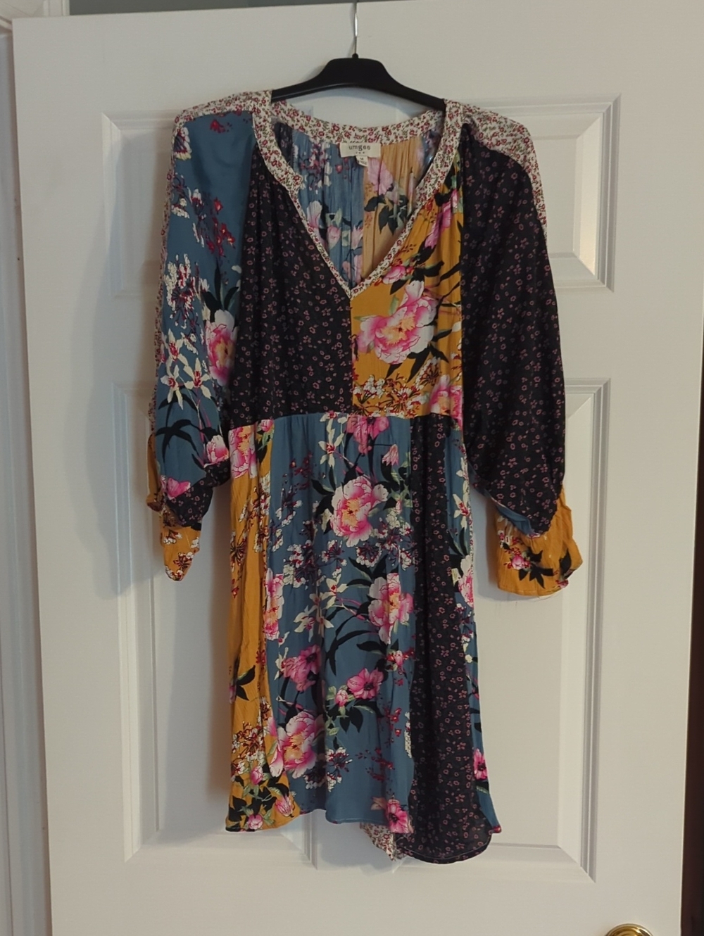 Umgee Mixed Floral Patchwork Dress - Blue & Mustard